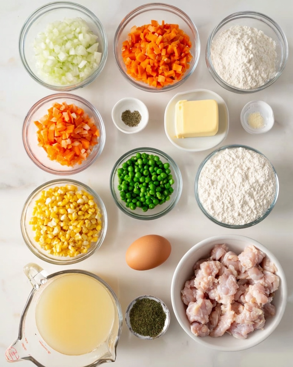 The image shows multiple bowls and containers arranged on a white marbled surface, each holding a different ingredient. There are ten clear glass bowls filled with chopped onions, diced carrots, green peas, corn kernels, minced garlic, flour, and dried herbs. A small white bowl contains a square of yellow butter. A clear measuring cup holds milk, and another larger measuring cup contains yellow chicken broth. There is also one whole brown egg among the ingredients. A white bowl filled with small pieces of raw chicken is present, completing the collection of ingredients neatly organized in rows. photo taken with an iphone --ar 4:5 --v 7