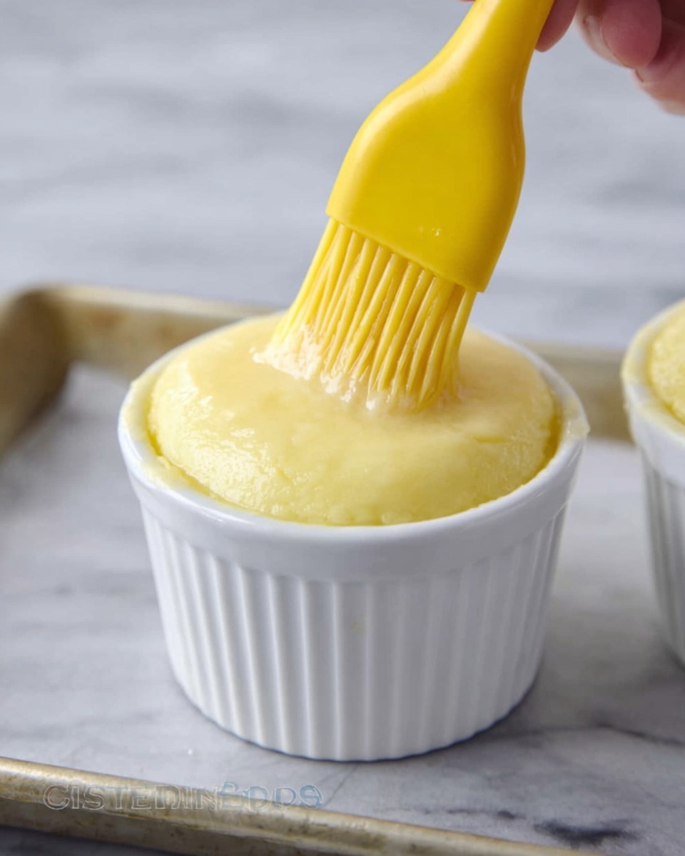 A close-up of a white ramekin filled with smooth, light yellow dough with a shiny texture on top. A yellow silicone brush held by a woman's hand is gently applying an egg wash over the dough surface, which is round and slightly raised above the rim of the ramekin. The ramekin is placed on a white marbled surface with a metal tray edge visible on the side. The scene has soft lighting emphasizing the smooth texture of the dough and the brush. photo taken with an iphone --ar 4:5 --v 7
