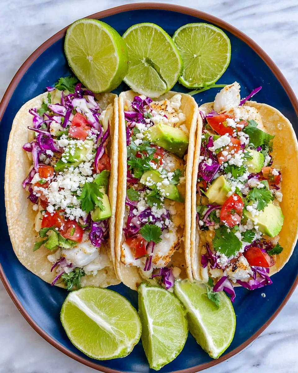 Three soft taco shells are placed side by side on a white plate. Each taco has a bottom layer of white fish with light brown grill marks, topped with shredded purple cabbage, small diced red tomatoes, and chunks of green avocado. Fresh green cilantro leaves are scattered on top along with crumbly white cheese. On the side of the plate are five lime wedges arranged in a fan shape, and two lime halves rest nearby on a white marbled surface. photo taken with an iphone --ar 4:5 --v 7