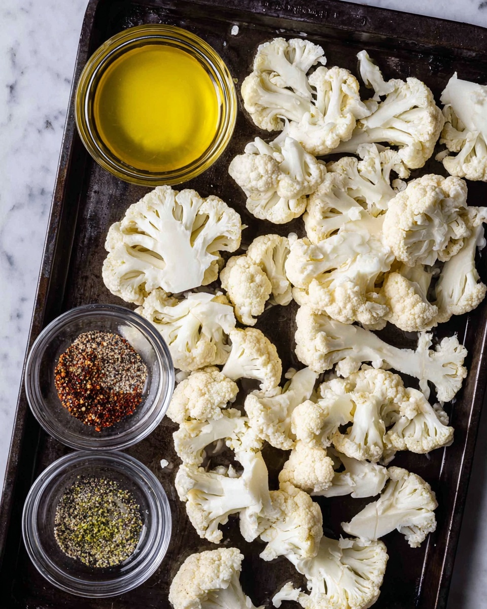 The image shows a dark baking tray filled with many white cauliflower slices, arranged in a scattered pattern, with their rough textured florets and firm stalks clearly visible. There are three small clear glass bowls placed on the lower left corner of the tray, each containing different ingredients: one with yellow melted butter, one with greenish oil, and another with a coarse mixture of black, white, and red spices. The baking tray is placed on a white marbled surface, enhancing the light color of the cauliflower and the bowls. photo taken with an iphone --ar 4:5 --v 7