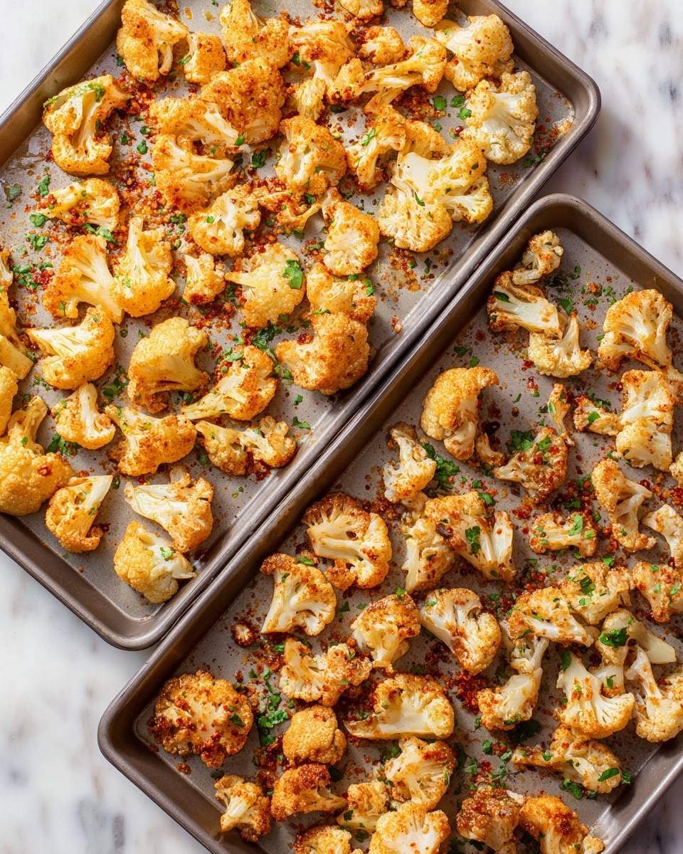 The image shows two metal baking trays filled with small to medium cauliflower florets arranged in one layer, each floret having a light golden brown color with some parts showing a deeper roasted orange-brown tint. The cauliflower pieces are unevenly scattered across the trays, and some are sprinkled with finely chopped green herbs and seasoning that appear reddish-orange, giving texture and color contrast. The baking trays are resting on a white marbled surface that highlights the warm colors of the roasted cauliflower. photo taken with an iphone --ar 4:5 --v 7