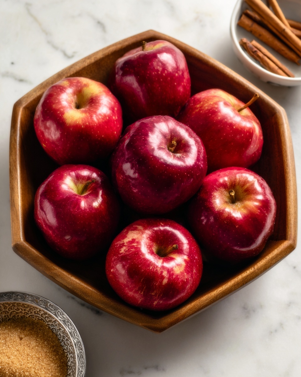 A wooden octagonal bowl filled with seven shiny red apples, each apple showing a smooth surface with subtle light reflections and natural red color variations with some pinkish and darker red parts. The bowl sits on a white marbled surface, and near it to the right side, there is a small silver bowl filled with brown sugar and a white bowl with cinnamon sticks, both cups are partially shown. The lighting is soft, highlighting the fresh apples and the grain of the wooden bowl, photo taken with an iphone --ar 4:5 --v 7