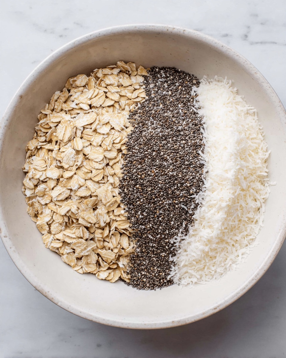 A white bowl placed on a white marbled surface holds three dry ingredients arranged side by side, forming three distinct layers. The left layer is made up of light brown rolled oats with a rough and flaky texture, the middle layer is filled with tiny black chia seeds that have a slightly shiny and smooth surface, and the right layer contains fine white shredded coconut that looks soft and powdery. The layers are neatly separated, filling the bowl about halfway. photo taken with an iphone --ar 4:5 --v 7