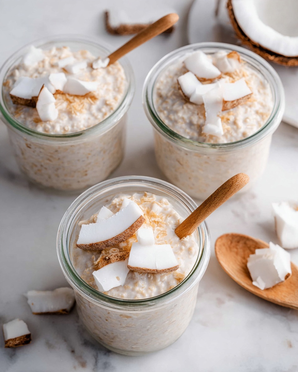 Three clear glass jars are filled with creamy oatmeal that has a soft, slightly lumpy texture and a pale beige color. Each jar is topped with thick white pieces of fresh coconut with brown edges, placed on the surface of the oatmeal. Two jars have small light wooden spoons resting inside, one spoon is angled out towards the camera. The jars sit on a white marbled surface, with a few pieces of coconut scattered around and a halved coconut showing its white flesh and brown shell in the background. The lighting is bright and natural, highlighting the smooth creamy oatmeal and the fresh coconut pieces. photo taken with an iphone --ar 4:5 --v 7