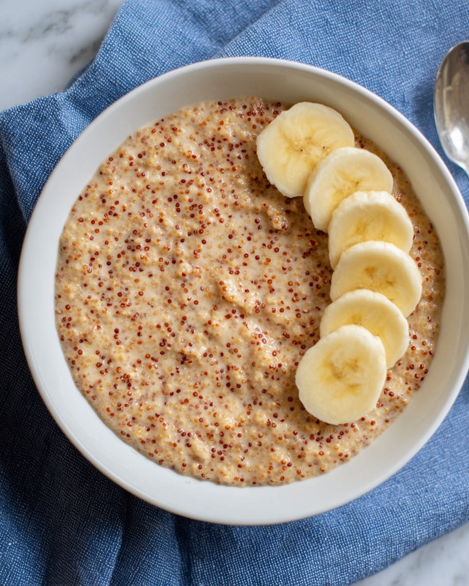 A white bowl filled with a thick, textured porridge that looks creamy with small reddish-brown grains spread evenly throughout. On the top right edge of the porridge, four round slices of banana are neatly placed, showing a soft yellow color with light brown spots in the middle. The bowl rests on a blue cloth, all set against a white marbled surface. photo taken with an iphone --ar 4:5 --v 7