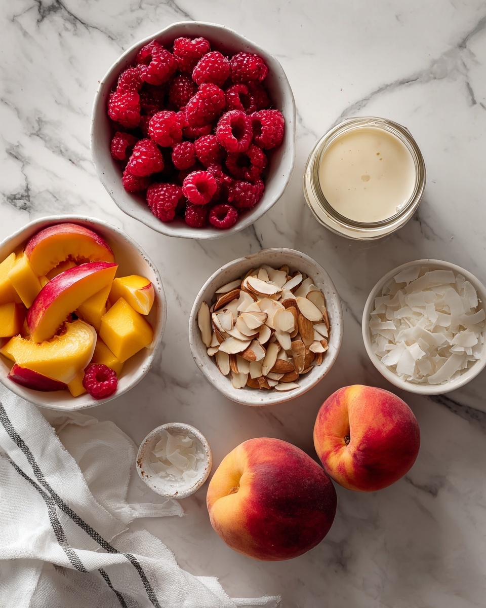 The image shows a white marbled surface with several small white bowls containing different fresh ingredients. One bowl holds bright red raspberries, another has sliced yellow and red peaches, and a third contains light brown almond slices. There is also a small bowl filled with white chopped coconut flakes and a glass jar with a light creamy liquid. Two whole peaches rest directly on the surface near the bowls, and a white and gray striped cloth is partially visible at the corner. The photo taken with an iphone --ar 4:5 --v 7