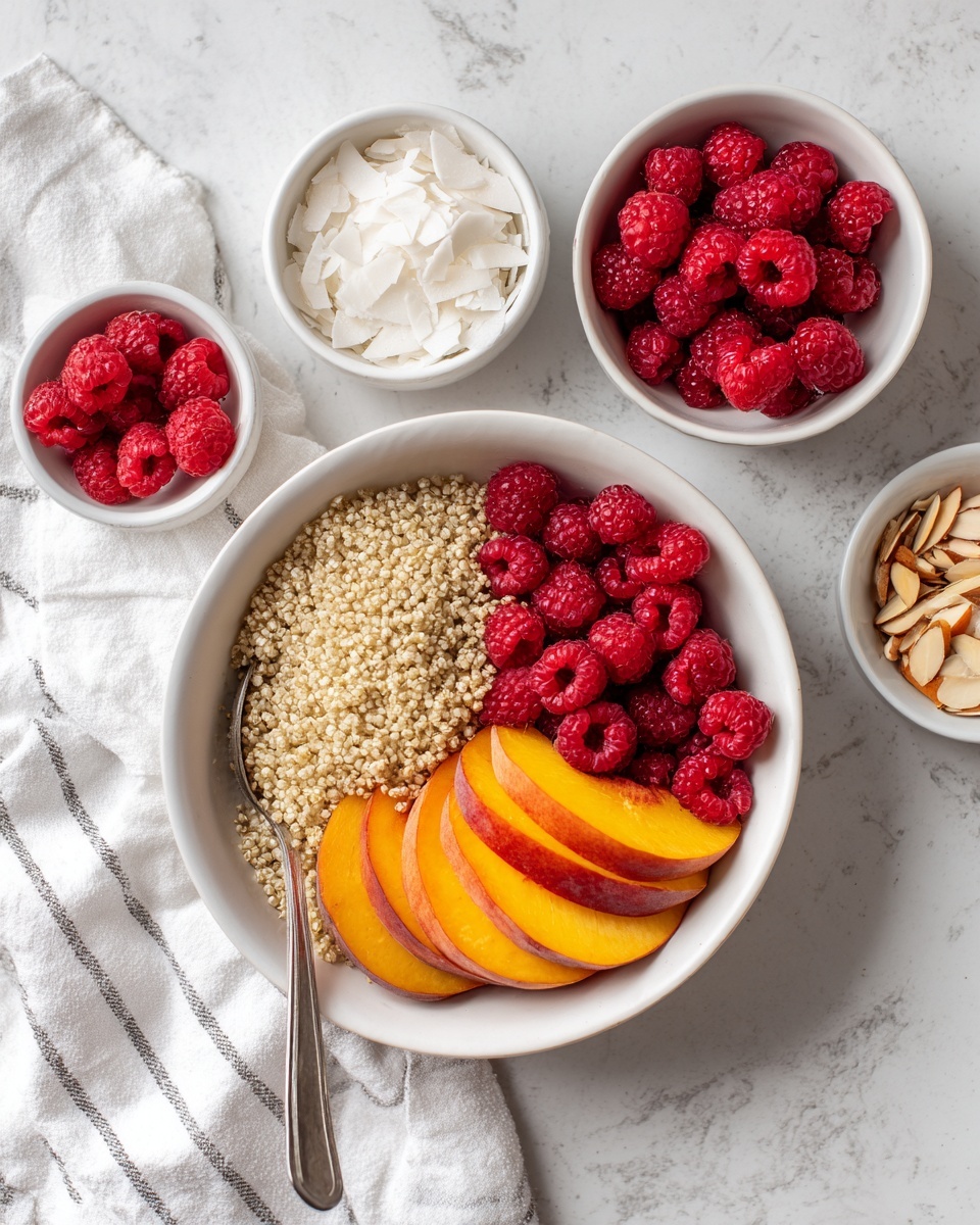 The image shows a white bowl with four distinct layers arranged side by side: thinly sliced white coconut flakes with a rough texture on the left, small beige quinoa grains with a slightly grainy texture next to it, bright red raspberries with a bumpy surface at the top right, and three curved slices of yellow and dark orange peach with soft, smooth flesh at the bottom right. A spoon is resting inside the bowl on the left side. Around the main bowl are three smaller white bowls: one with extra peach slices, one with red raspberries, and one with almond slices. All bowls are placed on a white marbled surface, and a white cloth with thin gray stripes is to the bottom left. Photo taken with an iphone --ar 4:5 --v 7