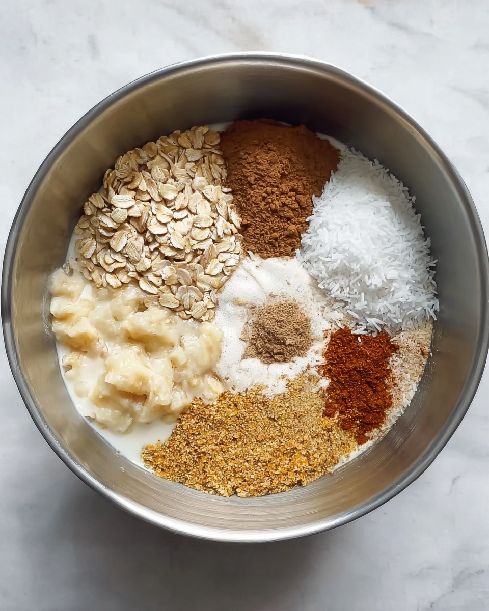 A silver mixing bowl sits on a white marbled surface, filled with six layers of different ingredients neatly separated within the bowl. Starting from the top right, there is a pale brown layer of rolled oats next to a small mound of dark brown powder, likely cinnamon. Below that is a large, fluffy white layer of shredded coconut. To the left of the coconut is a thin, creamy liquid layer that overlaps slightly with the mashed banana, which is chunky and light yellow with some brown specks. Below the mashed banana is a grainy golden-brown powder, possibly brown sugar or spice, with a small mound of the same powder resting in the liquid near the center. All ingredients are dry or moist but unmixed, creating a visually organized, layered look. photo taken with an iphone --ar 4:5 --v 7