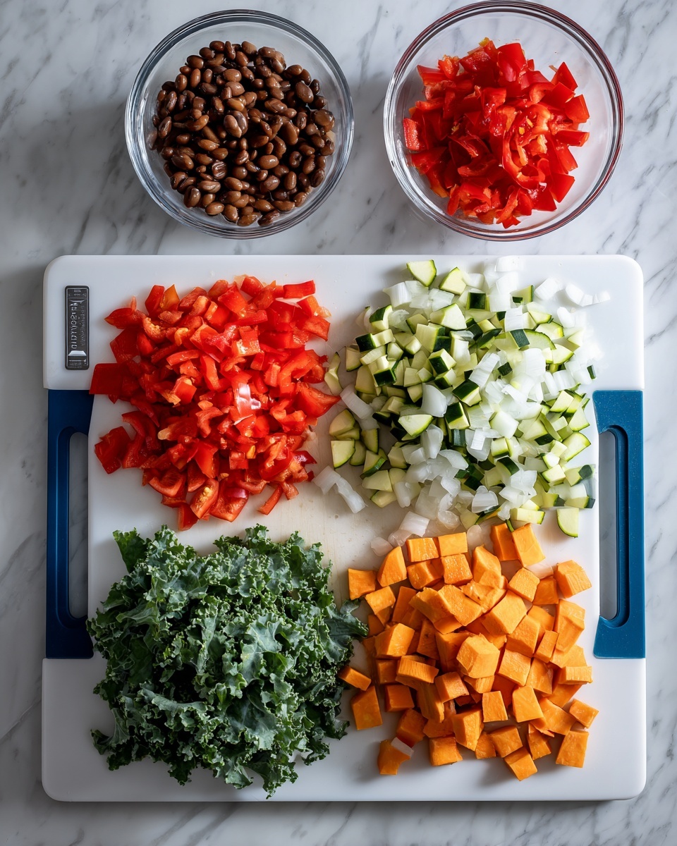 The image shows a white cutting board with blue handles placed on a white marbled surface. On the board, there are four groups of chopped vegetables arranged in rows: bright red diced bell peppers at the top left, finely chopped white onions at the top right, light green chopped zucchini at the bottom left, and orange diced sweet potatoes at the bottom right. Surrounding the cutting board are three clear glass bowls: one with dark brown beans at the top left, another with bright red cherry tomatoes below the beans, and a third bowl filled with green kale leaves placed at the bottom center of the image. All elements are neatly arranged and the photo taken with an iphone --ar 4:5 --v 7