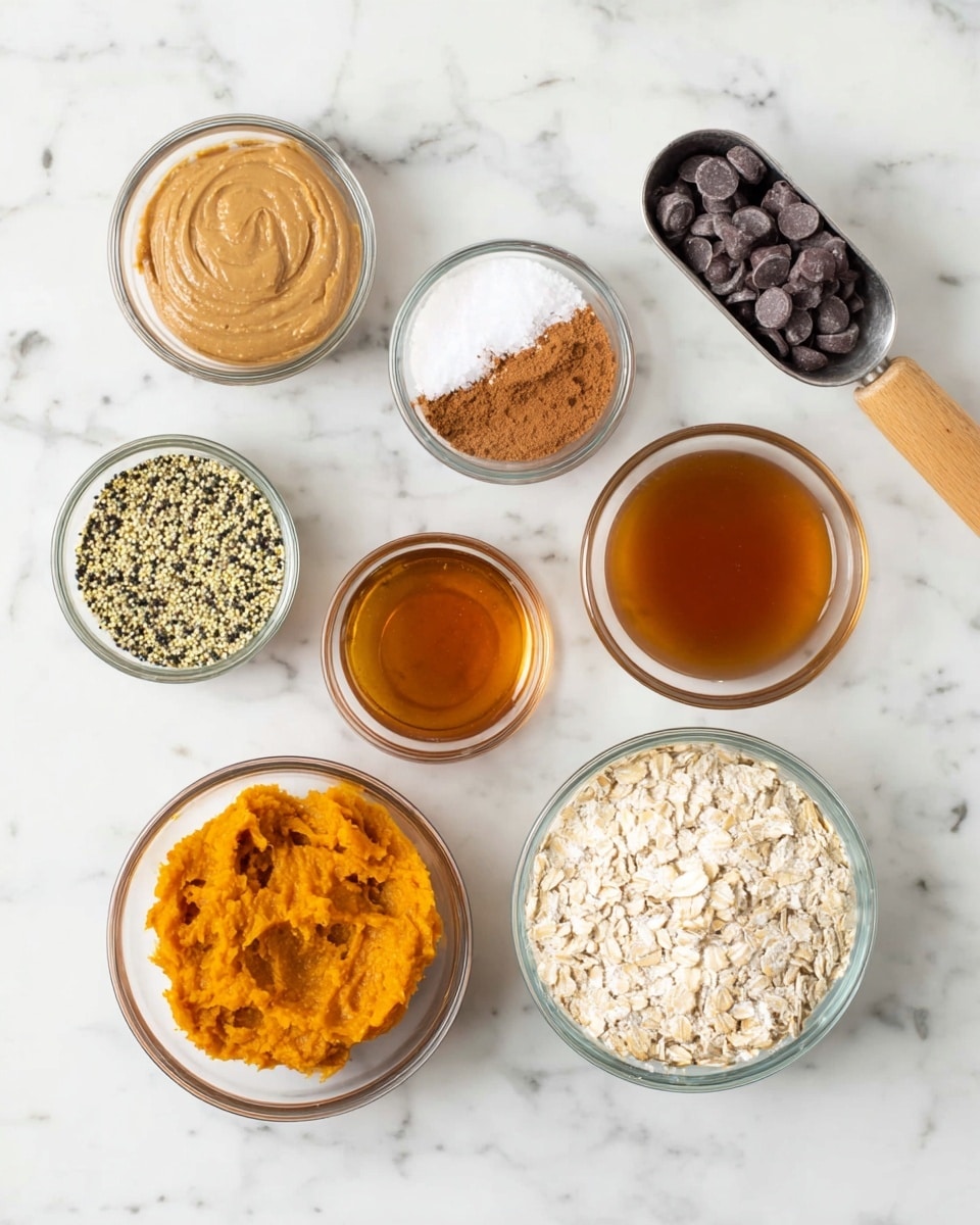 The image shows seven small glass bowls placed on a white marbled surface. The top left bowl has smooth, light brown peanut butter. To its right is a small bowl with white salt and a sprinkle of brown cinnamon on top. Next to that is a small bowl with an amber-colored liquid, likely maple syrup. Below the peanut butter bowl is a smaller bowl filled with bright orange pumpkin puree. At the center bottom is a bowl with mixed light yellow and black poppy seeds. To the bottom right is a bowl filled with white flour and beige rolled oats, split evenly side by side. There is also a small metal scoop with a light wooden handle holding dark chocolate chips above the poppy seed bowl. The bowls are arranged in a loose circle on the white marbled surface. photo taken with an iphone --ar 4:5 --v 7
