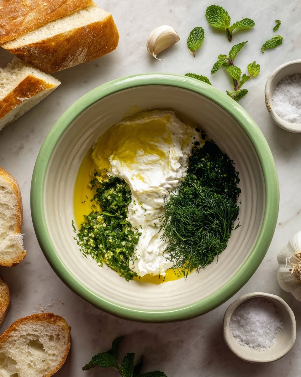 A white bowl with a green inside holds several layers of ingredients arranged separately: a layer of yellow olive oil on the left, a thick white creamy layer in the middle, finely chopped green herbs on the bottom right, and dark green dill on the top right. Around the bowl are a few slices of bread on the bottom left, some garlic cloves, green mint leaves, and small white bowls with salt on a white marbled surface. Photo taken with an iphone --ar 4:5 --v 7