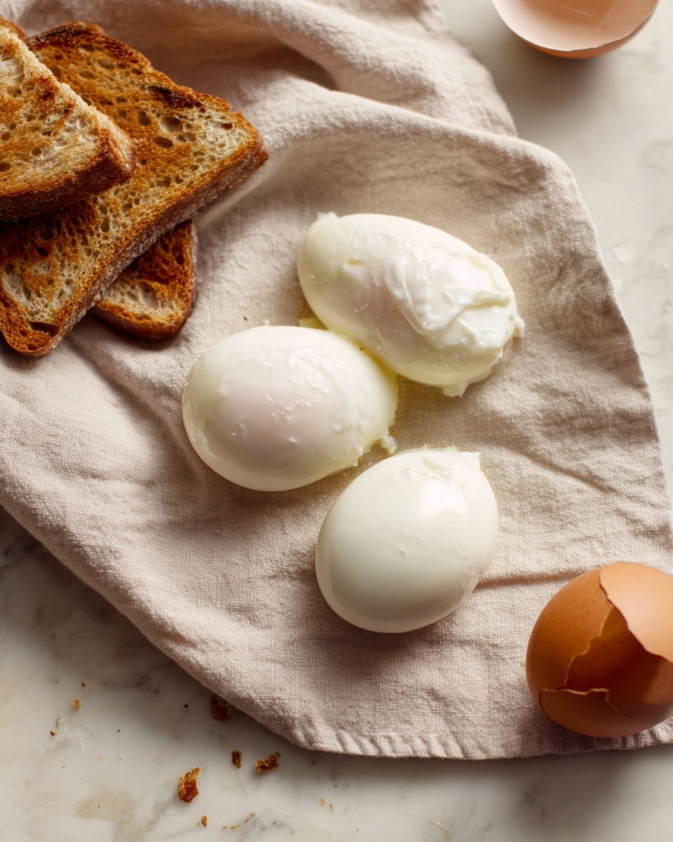 Four white poached eggs with soft, smooth, shiny surfaces rest on a beige cloth placed on a white marbled texture surface. To the bottom left, there are a few slices of toasted brown bread with a crispy texture. Near the bottom right, an empty cracked brown eggshell lies on the white marbled surface. The scene is softly lit, highlighting the eggs' delicate layers and the texture of the bread. Photo taken with an iphone --ar 4:5 --v 7