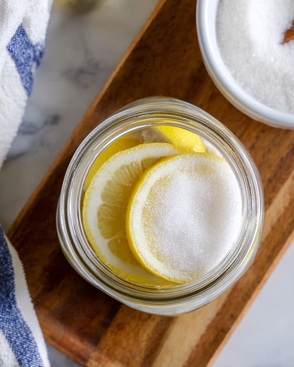 A clear glass jar sits on a wooden board over a white marbled surface. Inside the jar, at the bottom, are thick yellow lemon slices arranged closely together. The lemon slices are topped with a thick layer of white granulated sugar that almost covers them completely. In the upper right corner, a white bowl filled with more granulated sugar is partially visible, resting on the same white marbled surface. A white towel with blue stripes lies folded in the top left background. Photo taken with an iphone --ar 4:5 --v 7
