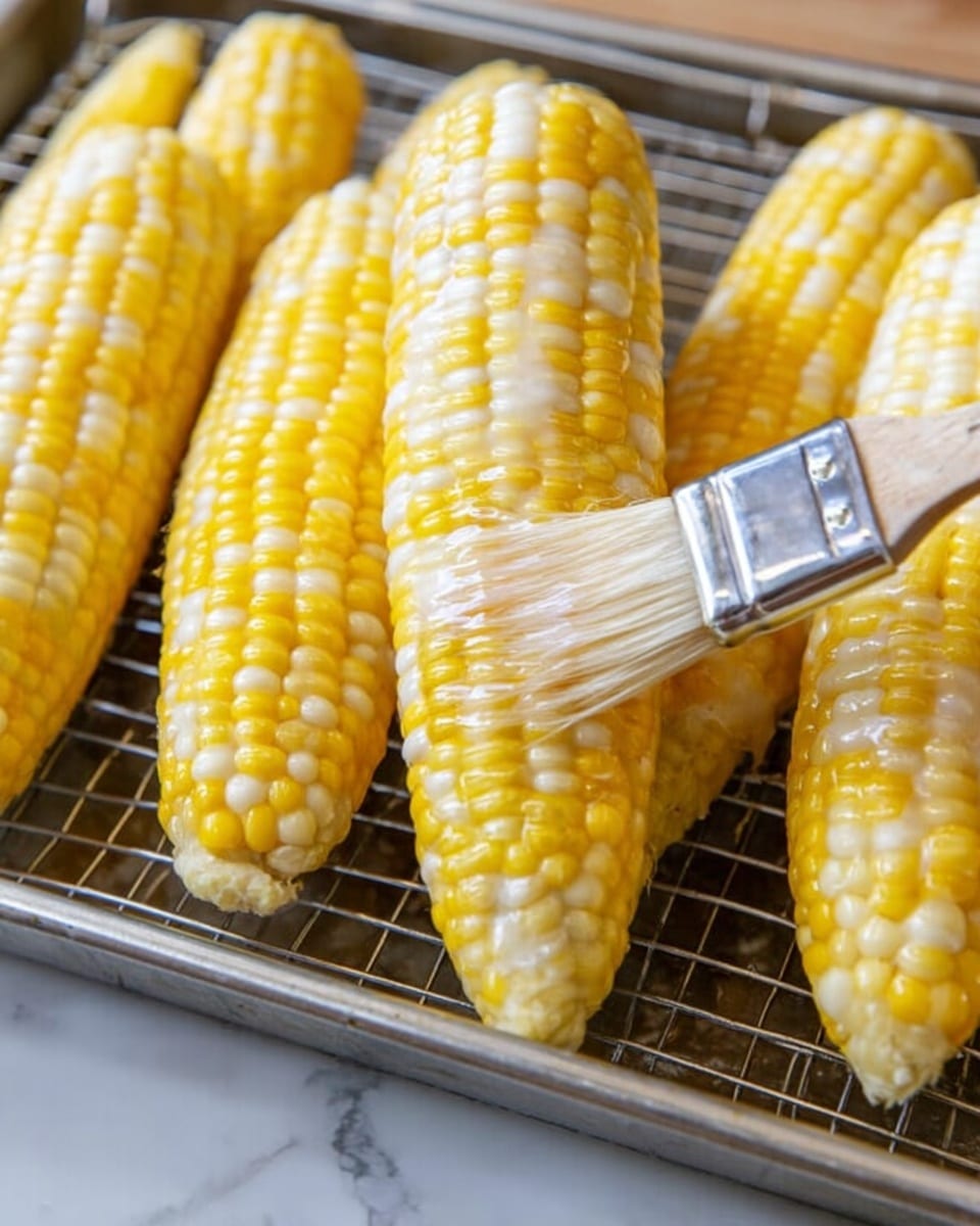 The image shows several yellow and white corn cobs lined up vertically on a metal grill rack. A soft bristle brush with a clear handle is seen applying a shiny coating to the middle corn cob, giving it a slightly wet look. The kernels on the corn are plump and smooth with a glossy texture. The grill rack has a metallic frame and grid pattern, and the background is a white marbled texture. Photo taken with an iphone --ar 4:5 --v 7