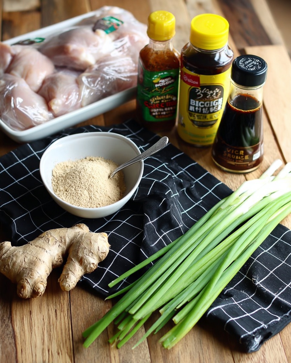 The image shows a wooden surface with a black cloth featuring white grid lines spread on it. On the cloth, there is a fresh piece of ginger root with a rough, light brown texture and several long, green spring onions lying next to it. Near the cloth sits a small, white bowl filled with soft, light brown sugar and a silver spoon inside. Behind the ingredients, there is a package holding raw, light pink chicken thighs and three bottles of sauces: a yellow bottle of rice vinegar, a brown bottle of chili garlic sauce, and a small dark bottle of soy sauce. The whole setup is arranged neatly with a white marbled texture surface visible in the background photo taken with an iphone --ar 4:5 --v 7