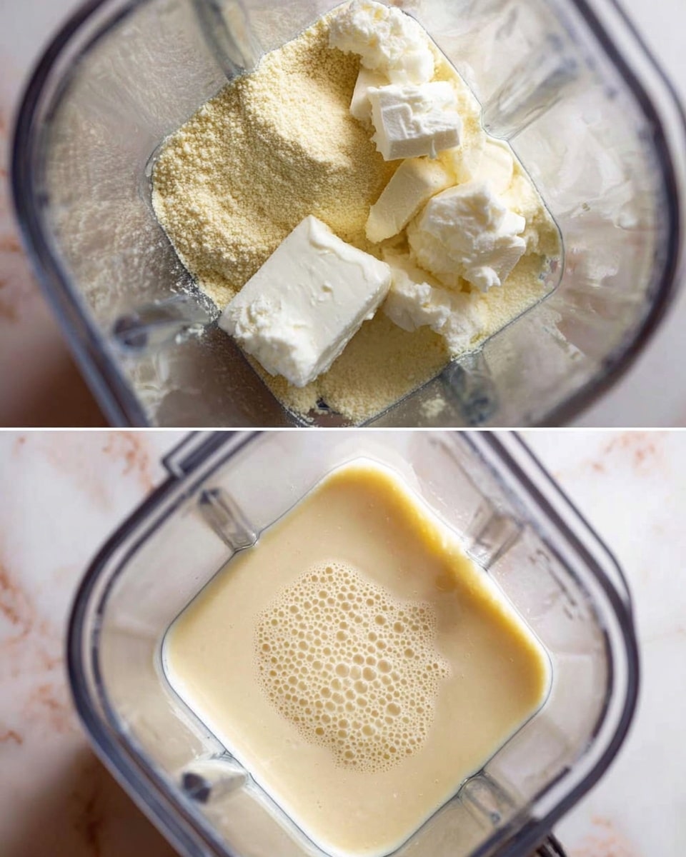 The image shows two close-up views inside a clear blender container on a white marbled surface. In the top image, there are several layers inside the blender: a base layer of pale yellow powder, chunks of white cream, and some brown liquid visible around the edges. The textures look dry and soft. In the bottom image, the ingredients have been blended into a smooth, creamy liquid with small bubbles on the surface, light beige in color and filling the base of the container. Photo taken with an iphone --ar 4:5 --v 7