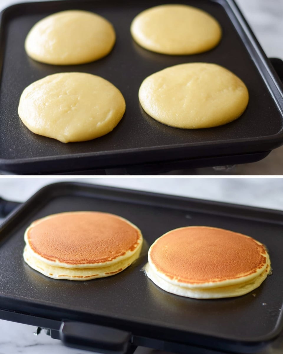 The image shows two layers of pancakes cooking on a black electric griddle. In the top half, four round pancake batter blobs, smooth and light yellow, are spread evenly across the black surface. The bottom half zooms in on three pancakes that have been flipped, showing a golden-brown top layer with a soft, creamy white underside thicker near the edges. The black griddle sits on a white marbled background, and no hands or utensils are visible. Photo taken with an iphone --ar 4:5 --v 7