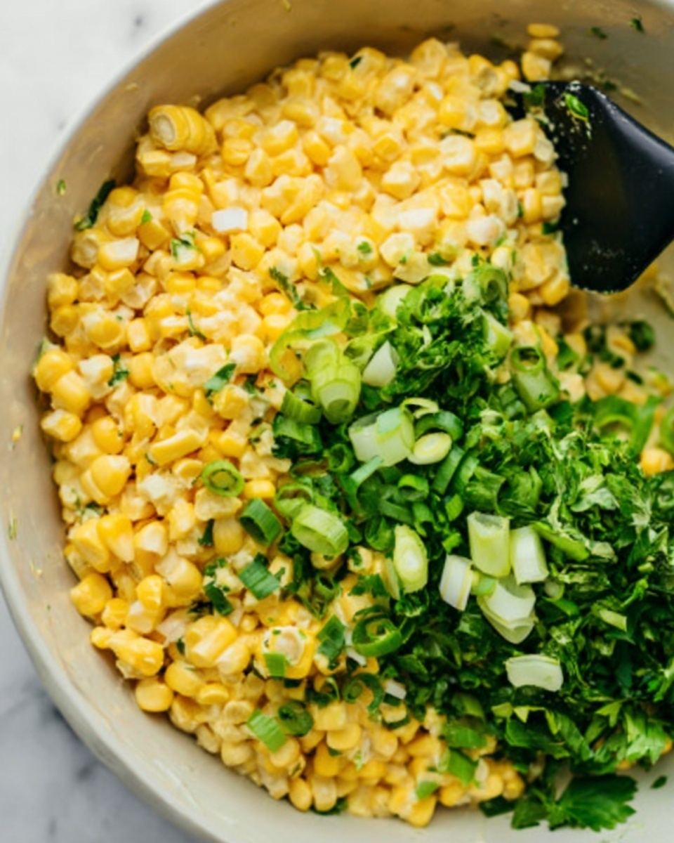 This close-up image shows a white bowl filled with bright yellow cooked corn kernels on the left side, mixed with chopped fresh green herbs and sliced light green onions on the right side. A black spatula is partially visible in the bowl on the right edge. The corn looks soft and textured, while the herbs and onions appear fresh and crisp. The bowl is placed on a white marbled surface. Photo taken with an iphone --ar 4:5 --v 7