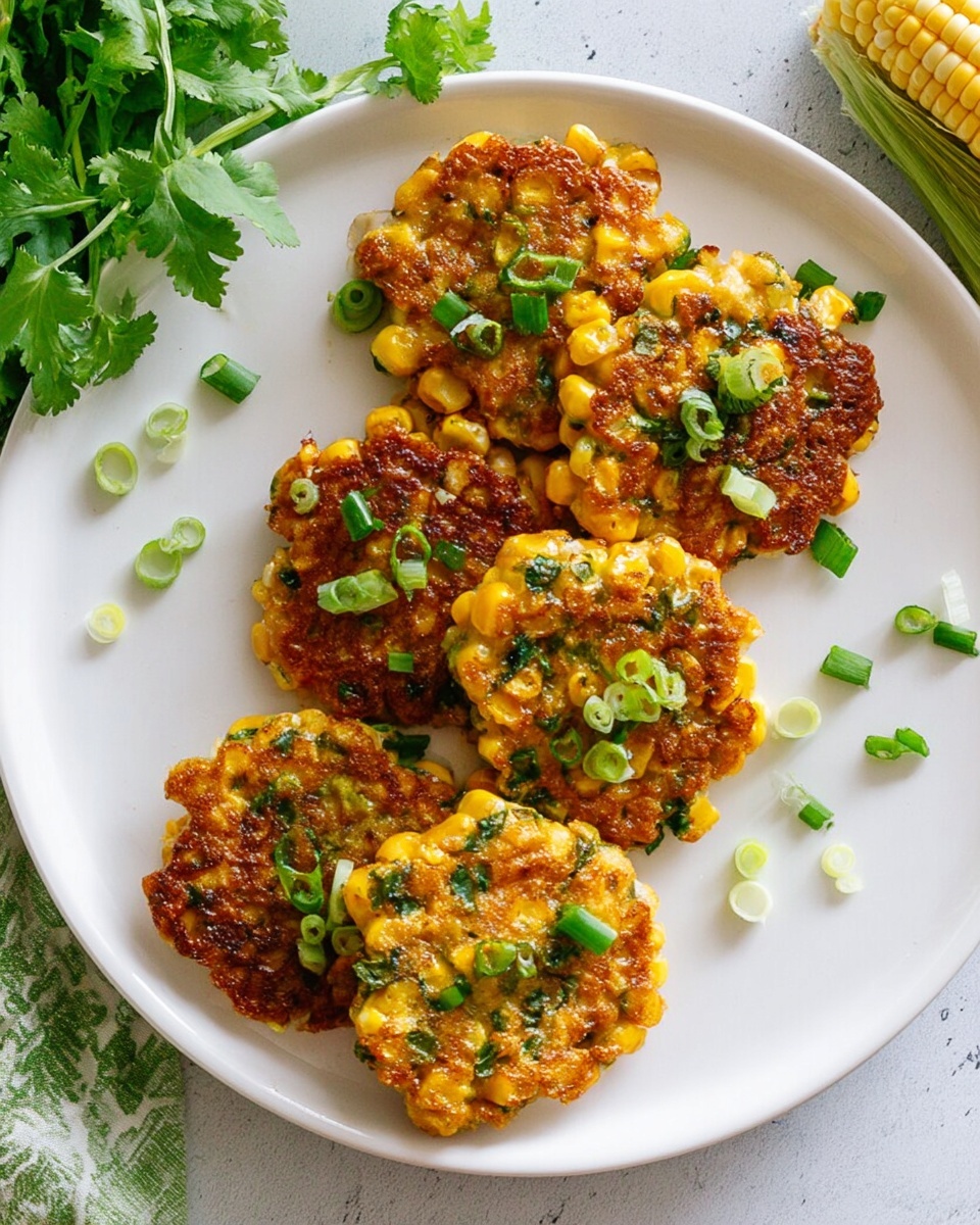 A white plate holds a neat row of six small corn fritters, each golden brown on the outside with visible yellow corn kernels and green herbs inside. The fritters have a slightly crispy texture with some darker browned spots from cooking. Bright green chopped scallions are scattered on top and around the fritters, adding a fresh pop of color. The plate rests on a white marbled surface with some fresh cilantro leaves and a piece of corn visible in the background. The overall look is warm, fresh, and inviting. photo taken with an iphone --ar 4:5 --v 7