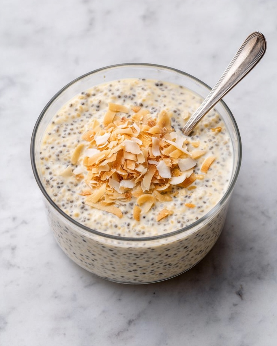 A clear glass bowl filled with creamy pudding that has small chia seeds mixed in, giving the mixture a speckled texture with tiny black dots throughout. On top, there is a layer of light golden toasted coconut flakes scattered in the center. A silver spoon rests inside the bowl on the right side, slightly submerged in the pudding. The bowl is placed on a white marbled surface that adds soft texture to the background. photo taken with an iphone --ar 4:5 --v 7