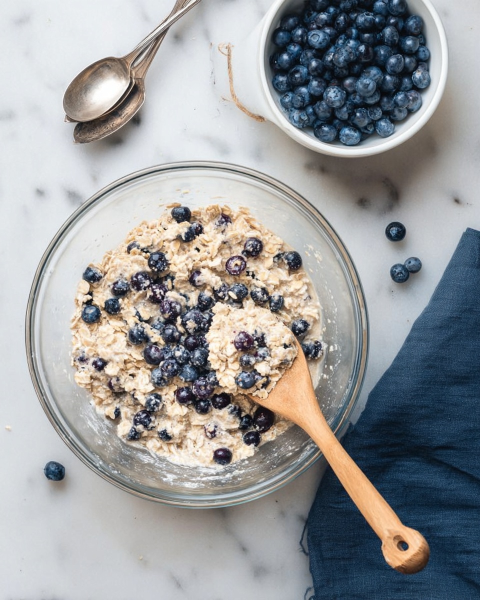 A clear glass bowl filled with a mixture of light beige oats soaked in white milk, scattered with dark blue blueberries throughout the oat layer, with a wooden spoon scooping some of the mixture from the right side of the bowl; above the bowl, there is a small white bowl full of dark blue blueberries, and a few loose blueberries are spread on the white marbled surface nearby; to the upper right, there is a small glass jar holding two old silver spoons; a dark blue cloth is partly visible in the lower right corner, photo taken with an iphone --ar 4:5 --v 7