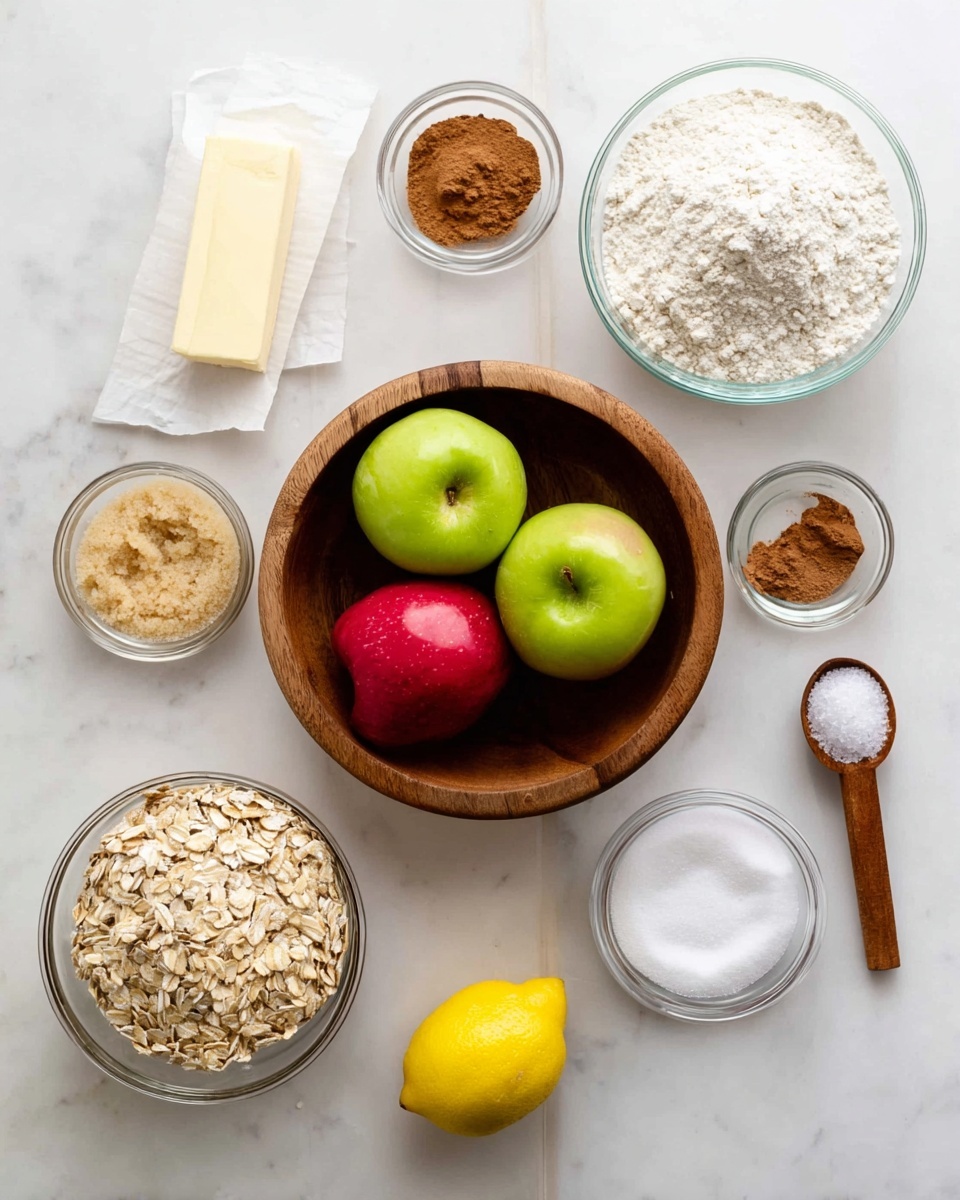 A wooden bowl in the center holds six apples, three red and three green, with smooth skins and rich colors. Surrounding the bowl are clear glass bowls and containers filled with different ingredients: a large bowl of white flour at the top, a small bowl of brown cinnamon powder to the right, a tiny bowl of white powder beneath the cinnamon, and another bowl with white sugar further right. To the left, a small glass bowl contains light brown sugar, and below it, a bowl filled with pale, rough-textured oats. A white stick of butter wrapped in paper is placed to the upper left. At the bottom center, a bright yellow lemon with textured skin rests on the white marbled surface. A small wooden bowl with white coarse salt and a tiny wooden spoon is near the lemon. The surface beneath everything is a white marble texture with subtle grey veins. photo taken with an iphone --ar 4:5 --v 7
