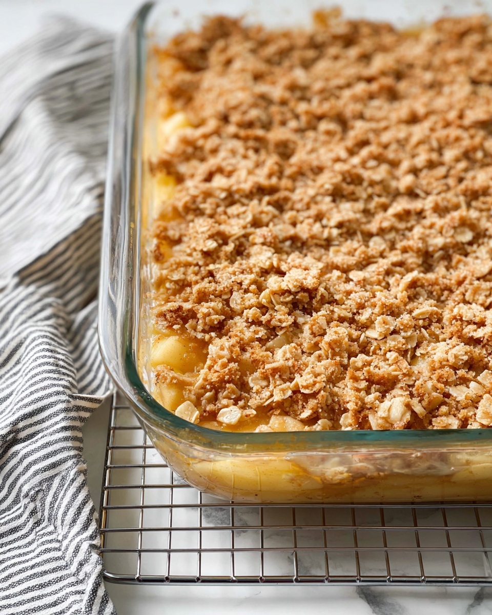 A two-layer dessert in a clear rectangular glass baking dish. The bottom layer is made of cooked apple pieces showing a soft, slightly translucent yellow color. The top layer is a thick, crumbly oat topping with a golden brown color, covering the apples evenly. The dish sits on a wire rack with a white marbled surface underneath, and a striped gray and white cloth is partially visible on the side. Photo taken with an iphone --ar 4:5 --v 7