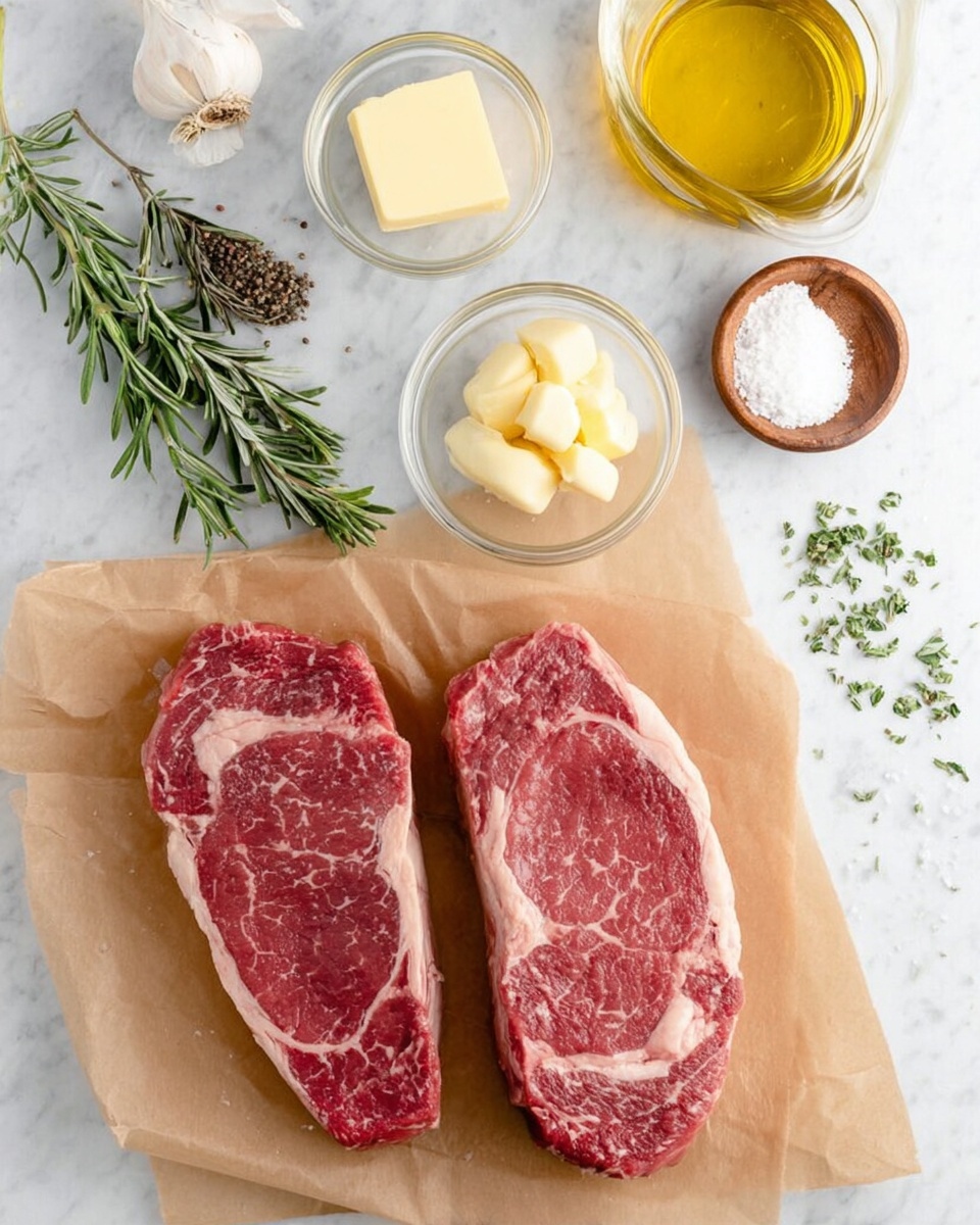 The image shows two raw steaks with marbled white fat on a piece of brown parchment paper placed on a white marbled surface; around the steaks, there are small clear glass bowls containing pale yellow butter and peeled garlic cloves, a small wooden bowl with black pepper, a white bowl filled with salt, and a clear glass bottle filled with golden olive oil; sprigs of fresh green rosemary and scattered pieces of chopped rosemary are also visible nearby, all arranged neatly. Photo taken with an iphone --ar 4:5 --v 7