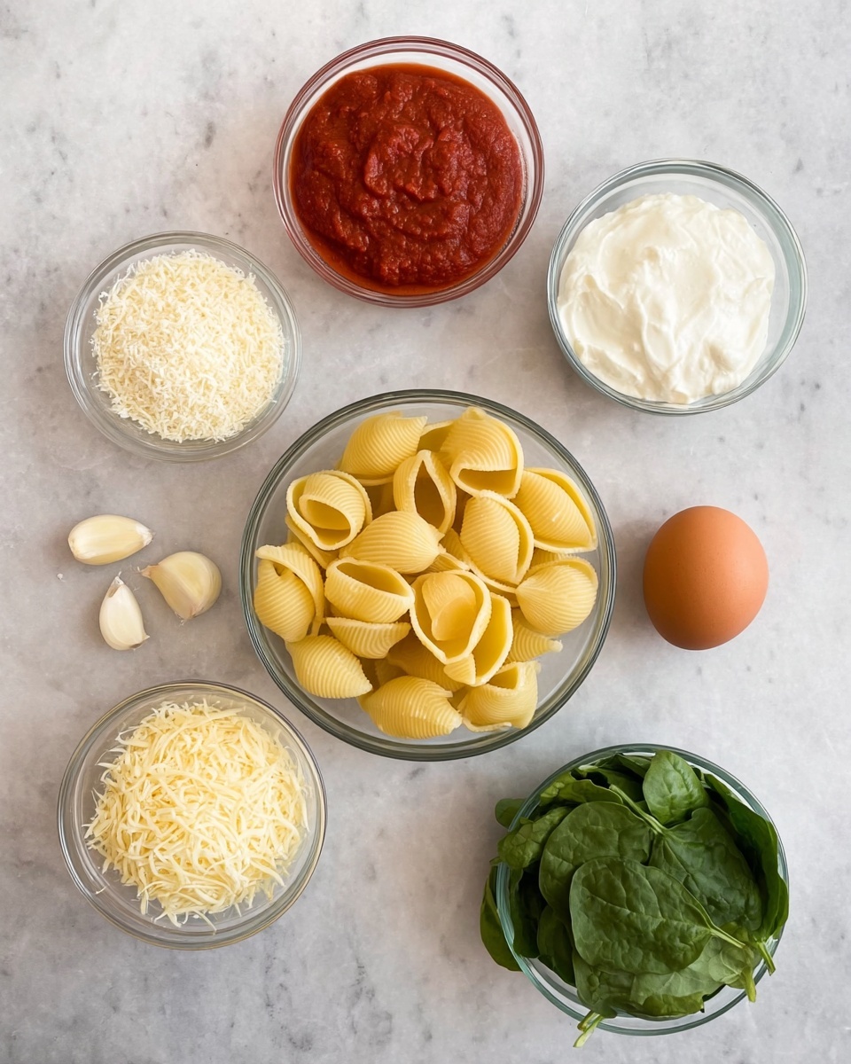 The image shows six separate clear glass bowls and one small pile arranged on a white marbled surface. In the center is a bowl filled with large yellow pasta shells. Above it to the left is a bowl of thick red tomato sauce with a slightly chunky texture. To the right of the sauce is a bowl with smooth white ricotta cheese. Below the pasta shells to the left are two bowls stacked vertically: the top one with finely grated hard cheese that is off-white, and the bottom one with a yellowish shredded cheese. To the right of these bowls are three peeled garlic cloves and below the ricotta is a bowl full of fresh, green spinach leaves. To the right of the spinach is a whole brown egg. photo taken with an iphone --ar 4:5 --v 7