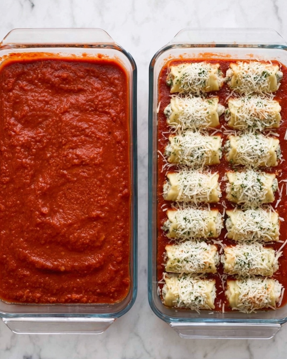 Two clear glass baking dishes are placed side by side on a white marbled surface. The dish on the left is filled with a smooth, thick red sauce evenly spread across the bottom in one layer. The dish on the right has a layer of red sauce at the bottom, topped with rows of about 16 white, creamy, rolled pieces, each sprinkled with a little shredded white cheese and green herbs. The rolls are arranged in four rows with four rolls each, evenly spaced. The red sauce peeks between the rows, showing its smooth texture. Photo taken with an iphone --ar 4:5 --v 7