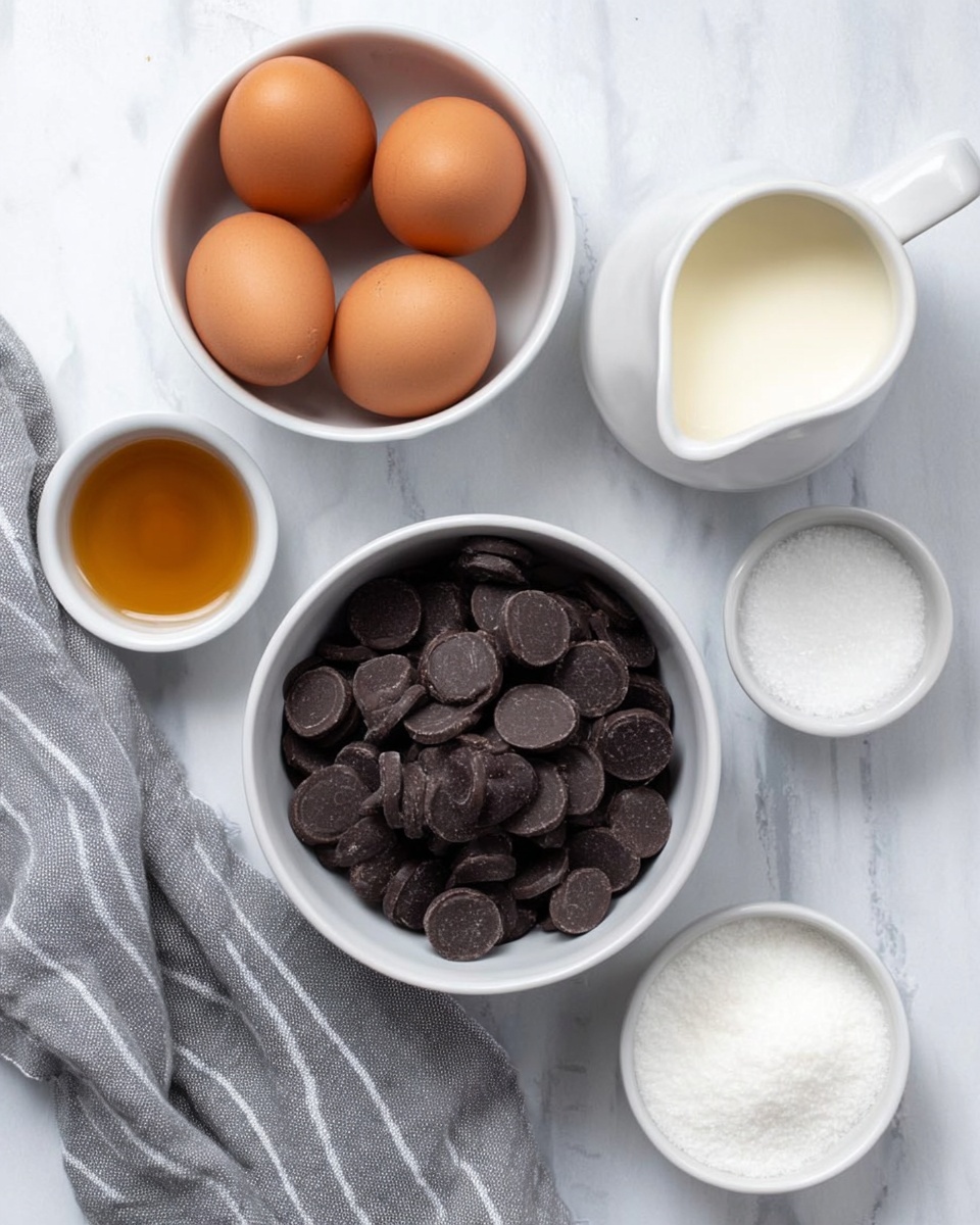 The image shows five small white bowls arranged on a white marbled surface. The first bowl on the top left holds four brown eggs with smooth shells. To its right is a small white pitcher filled with white cream. Below the eggs, a large white bowl is filled with dark round chocolate pieces that have a slightly shiny texture. To the left of the chocolate bowl is a small white bowl with a dark golden liquid. To the right of the chocolate bowl is another white bowl, filled with fine white sugar. A gray striped cloth is placed at the bottom left corner of the image. photo taken with an iphone --ar 4:5 --v 7