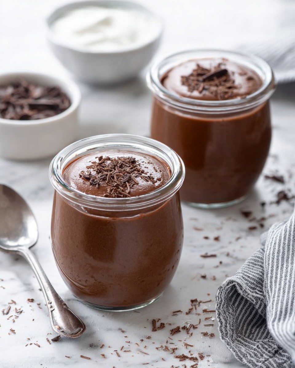 Two small clear glass jars filled with smooth, thick chocolate pudding sit on a white marbled surface. The pudding is dark brown with a slightly shiny texture and softly rounded tops. Around the jars, small bits of chocolate shavings are sprinkled on the surface. In the background, there is a small white bowl of white cream with a spoon inside and another small white bowl with chocolate shavings. A silver spoon lies on the left side of the frame near the front jar, and a striped gray and white cloth is on the right edge. The photo is bright and softly lit. photo taken with an iphone --ar 4:5 --v 7
