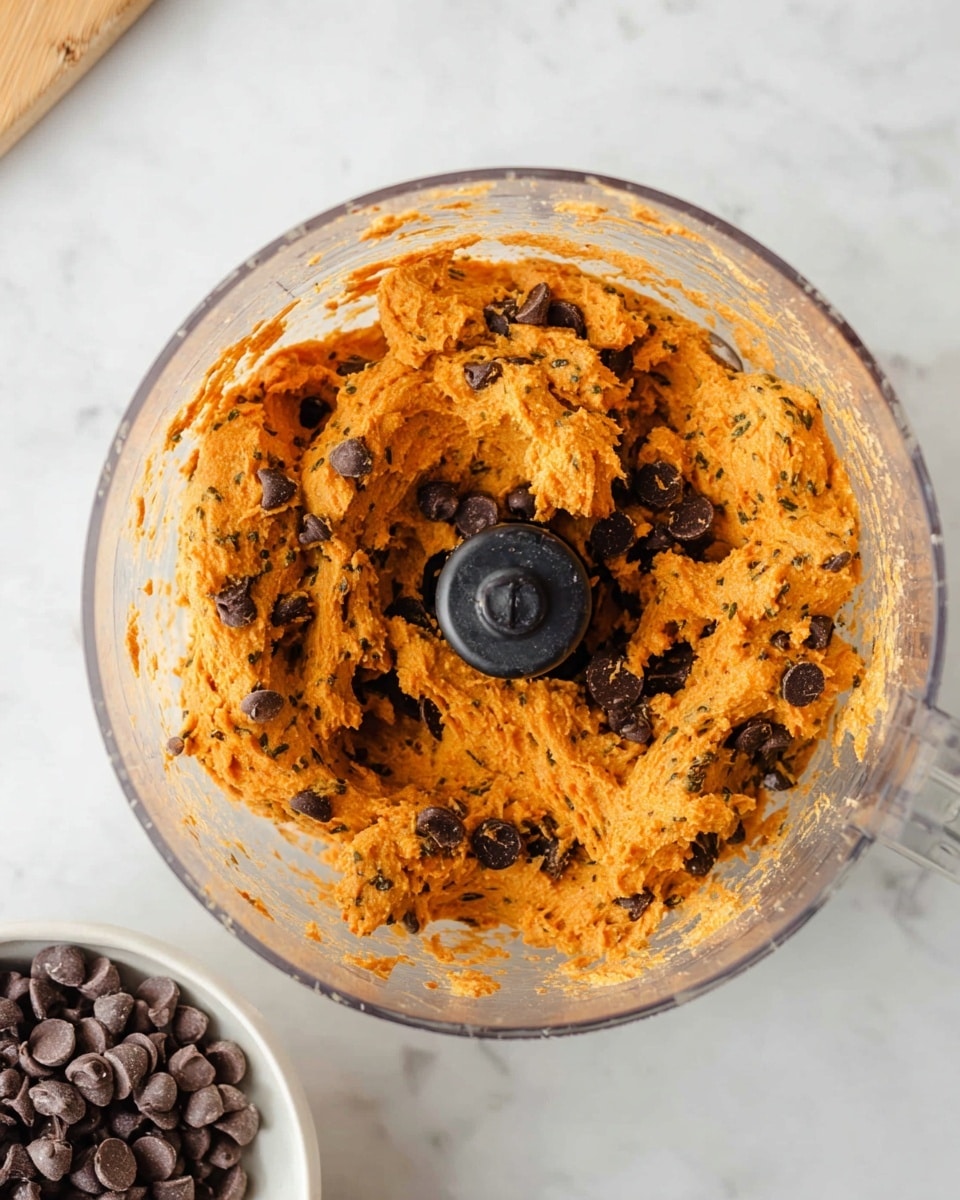A clear food processor bowl filled with a thick, uneven orange dough mixed with visible small dark green flecks, indicating herbs or spices, with dark chocolate chips scattered unevenly on top and partially embedded in the dough. The bowl sits on a white marbled surface, with part of a white bowl filled with more chocolate chips visible at the bottom left corner. Photo taken with an iphone --ar 4:5 --v 7
