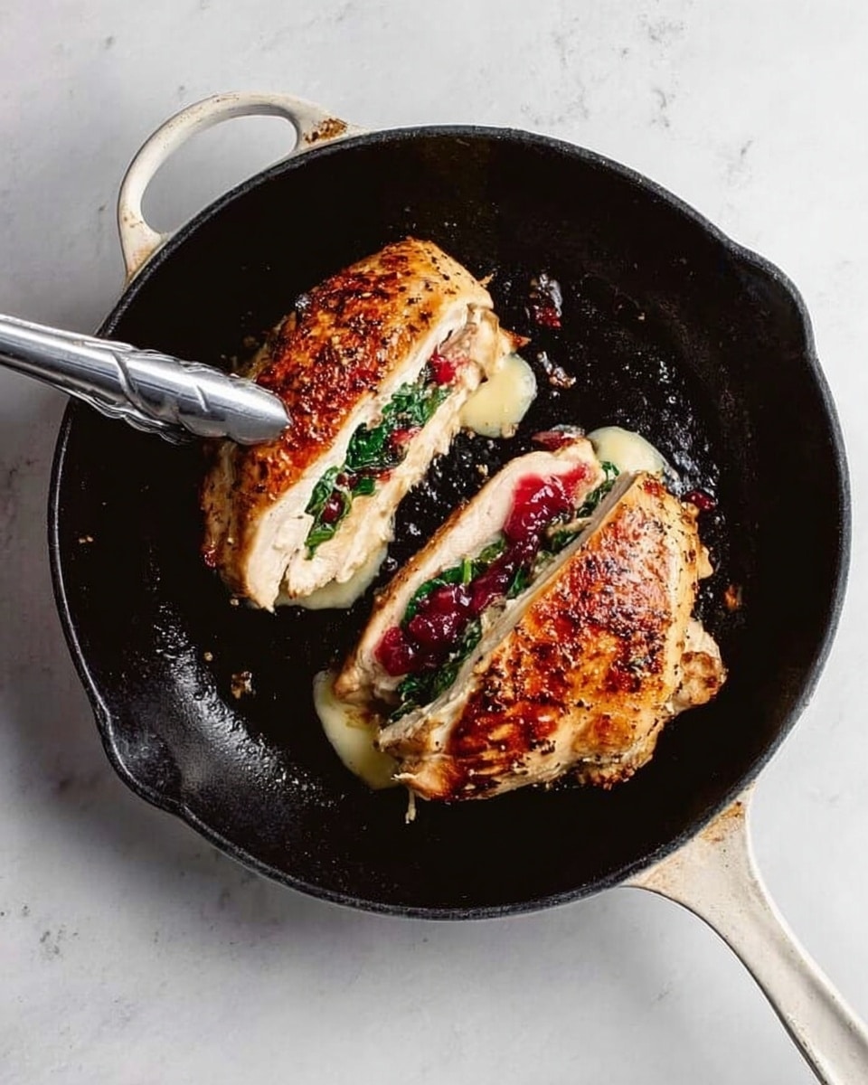 A black cast iron pan with a white handle sits on a white marbled surface. Inside the pan, there are two golden brown cooked chicken pieces, each sliced open to show the packed layers inside. One layer is white melted cheese, the next is bright green spinach, and on top of the spinach and cheese is a layer of deep red sauce or jam. A woman's hand with metal tongs is holding one piece in place. The chicken skin is crispy with visible seasoning. The pan surface has a light coating of oil. photo taken with an iphone --ar 4:5 --v 7