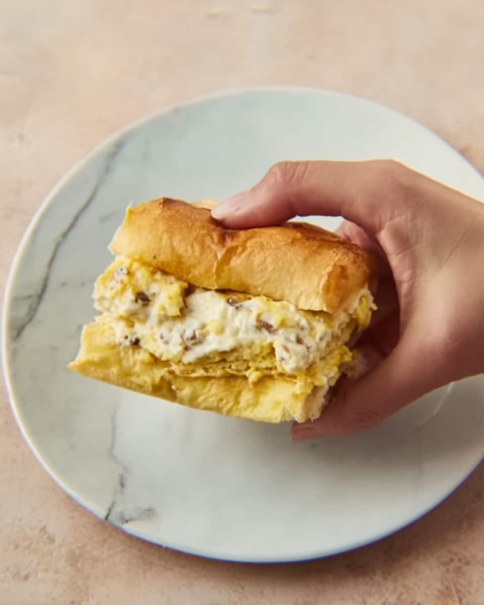 A close-up shows a woman’s hand holding a sandwich with a golden-yellow crust on the outside. The sandwich is made of two layers of soft bread, light beige in color, with a creamy white filling mixed with tiny bits of dark and light ingredients visible inside. Below the sandwich, there is a white plate with a white marbled texture surface under it. The sandwich looks lightly toasted with a slightly crisp outer layer. photo taken with an iphone --ar 4:5 --v 7