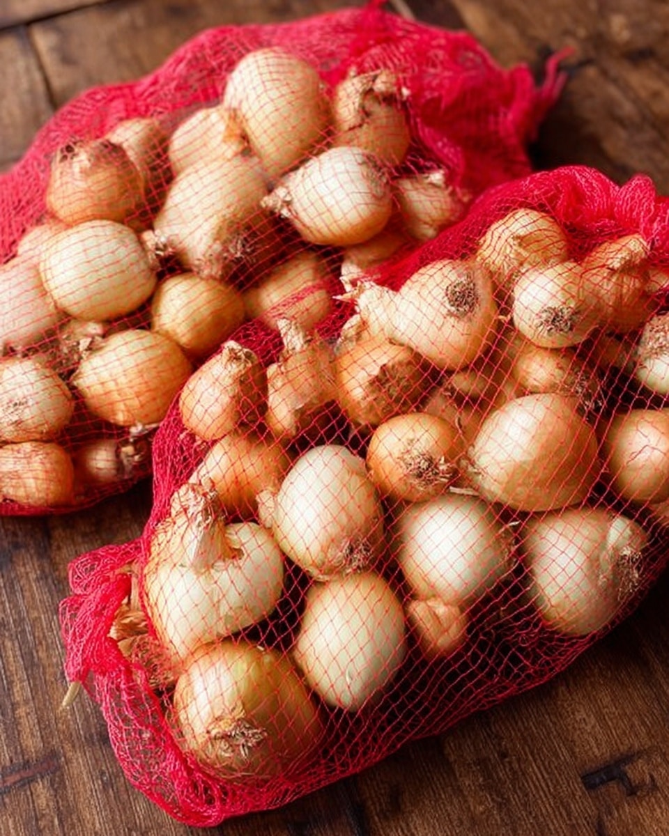 The image shows two red mesh bags filled with small white onions placed on a wooden surface. The onions have smooth, pale skins with some dirt marks and small roots at the bottom. The bags are slightly open with some loose onions scattered nearby. The background is a white marbled texture. photo taken with an iphone --ar 4:5 --v 7