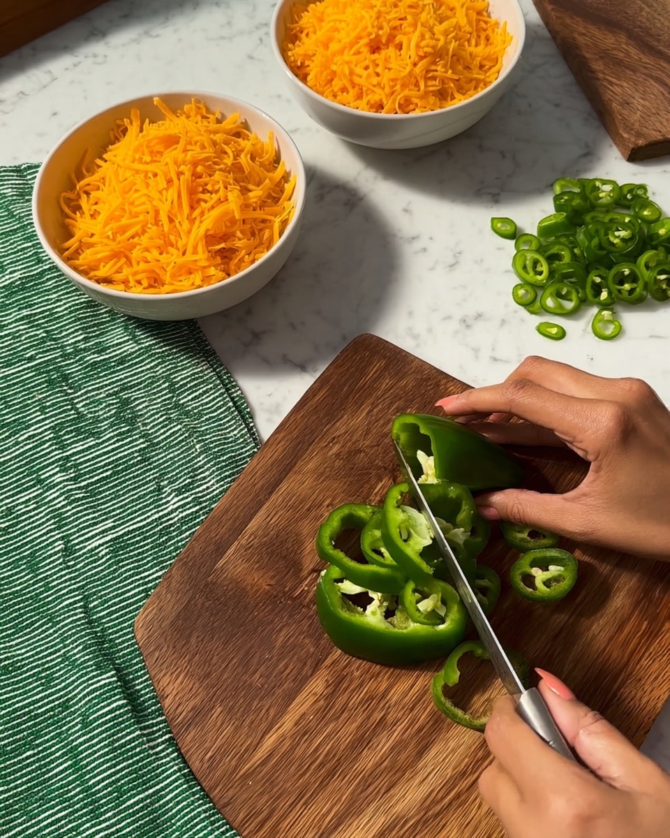 A close-up scene shows a woman's hand holding a knife, slicing a green bell pepper into thin rings on a wooden cutting board. Behind, two small white bowls filled with bright orange shredded cheese sit on a green and white striped cloth. The whole setup is on a white marbled surface, with another small pile of chopped green bell pepper rings in the top right corner. The lighting is clear and natural, highlighting the fresh colors of the vegetables and cheese. photo taken with an iphone --ar 4:5 --v 7