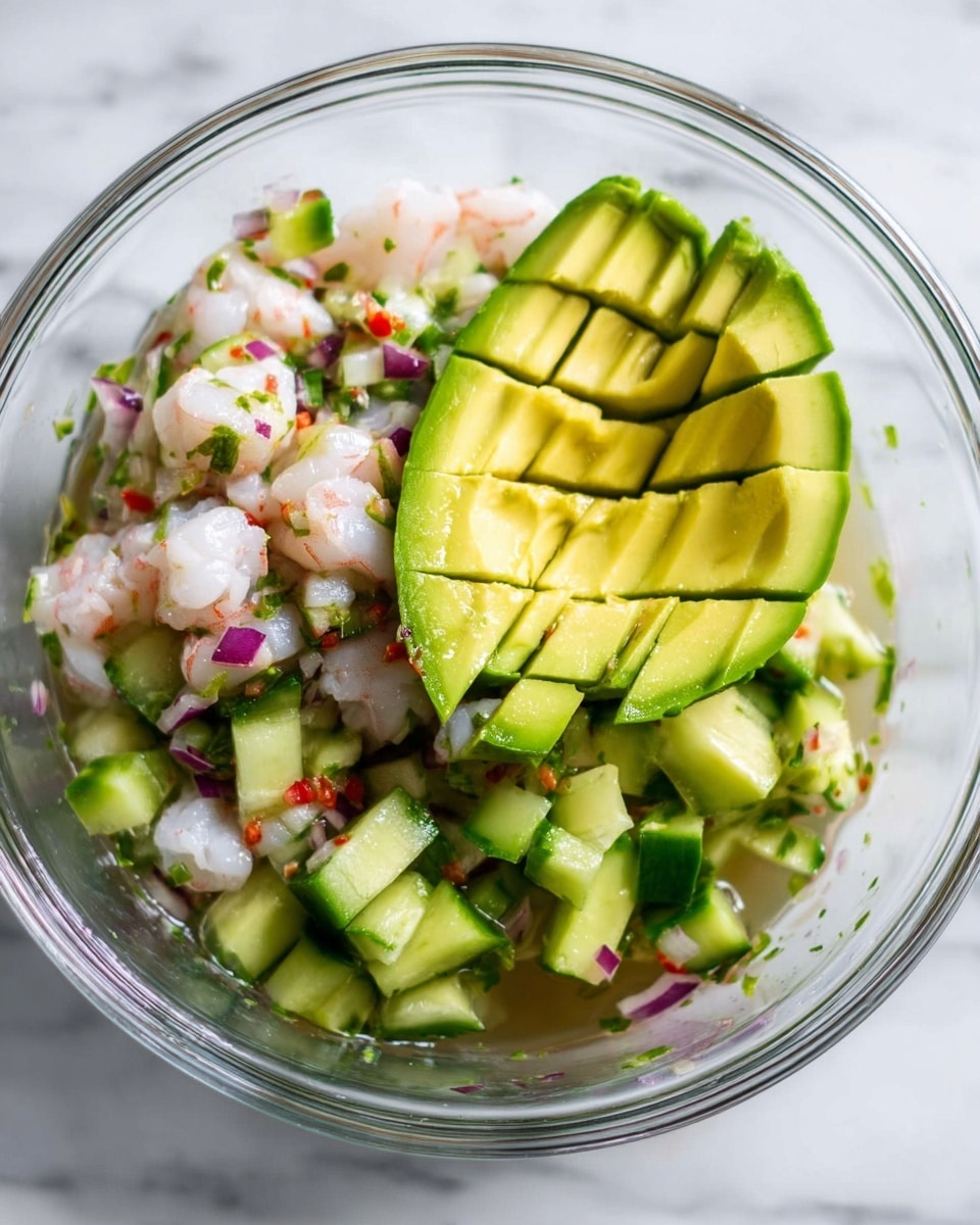 A clear glass bowl contains a fresh shrimp salad with three main visible layers. The bottom layer shows small, white shrimp mixed with diced dark green cucumber, tiny pieces of purple onion, and small bits of red chili, all lightly coated in a clear, slightly shiny liquid. On top of the shrimp mix, there are two halves of a bright green avocado, with one half showing a grid pattern scored into the flesh and the other half chopped into cube pieces. The textures are a mix of smooth avocado and the chunky, juicy shrimp salad. The bowl sits on a white marbled surface. Photo taken with an iphone --ar 4:5 --v 7