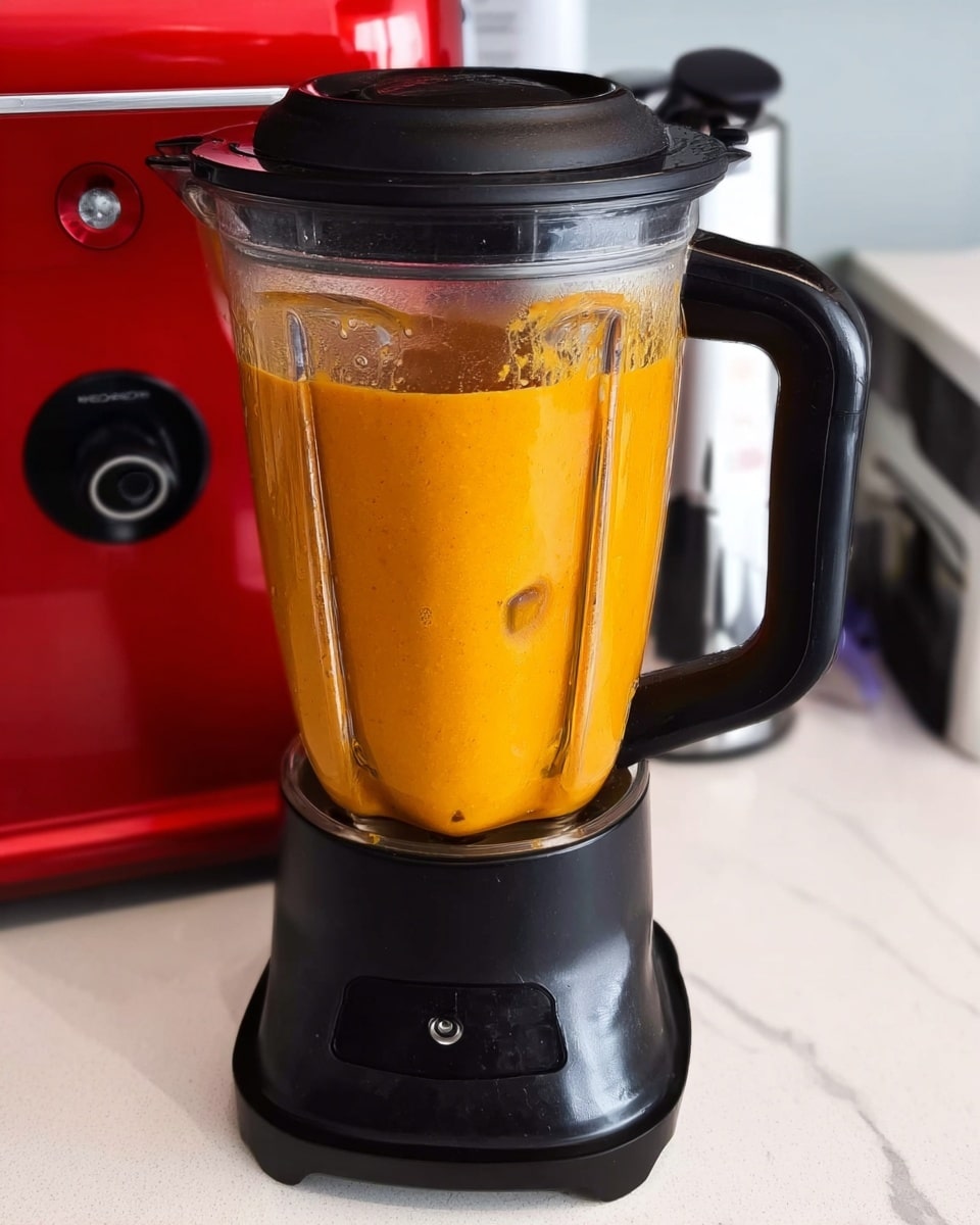 The image shows a blender with a black base and a clear container filled with a thick, smooth bright orange mixture, likely a soup or sauce, with some small chunks visible inside. The blender container has a black lid on top and a large black handle on its right side. The blender is placed on a white marbled surface, and behind it, there is a red coffee machine with a black round element on its front. Photo taken with an iphone --ar 4:5 --v 7