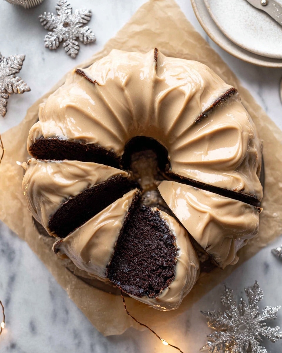 The image shows a round bundt cake sliced into nine pieces, placed on a piece of parchment paper on a white marbled surface. The cake has two layers: a dark brown, moist-looking chocolate cake layer at the base and a thick, smooth, light brown frosting layer on top that is slightly wavy and glossy. One slice is pulled slightly away from the circle, displaying the rich dark cake inside and the thick frosting layer on top. Around the cake, there are silver decorative snowflake ornaments and thin warm fairy lights, adding a festive touch. Photo taken with an iphone --ar 4:5 --v 7