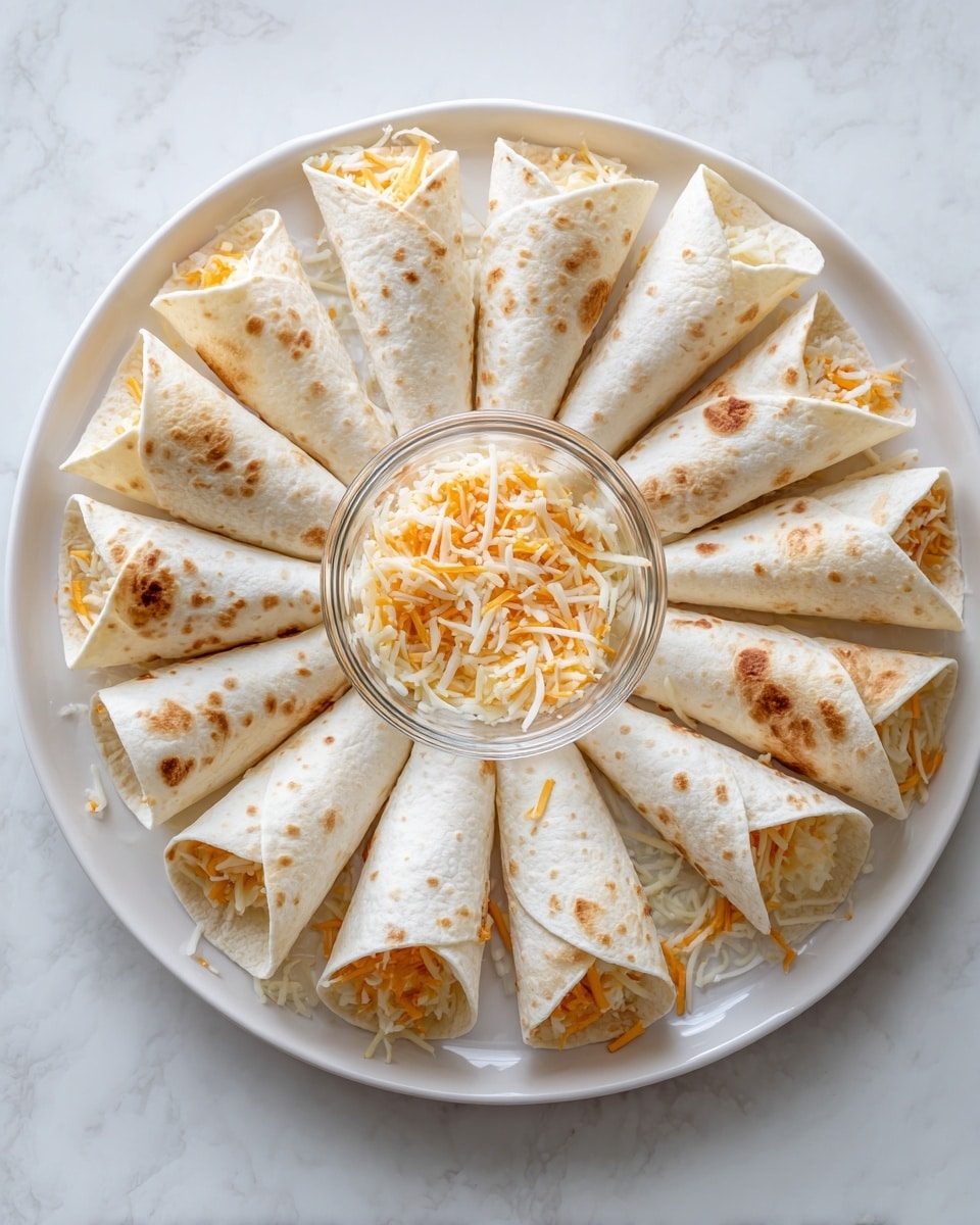 A white round tray holds a ring of 12 folded white tortillas arranged upright in a circle, each one filled with shredded orange and white cheese. Cheese is also sprinkled between the tortillas and around the center of the tray, where a small glass bowl sits empty. The tortillas have a soft texture with light brown spots, and the cheese fills the tops and spills slightly at the edges. The tray is set on a white marbled surface, giving a clean and bright background. photo taken with an iphone --ar 4:5 --v 7
