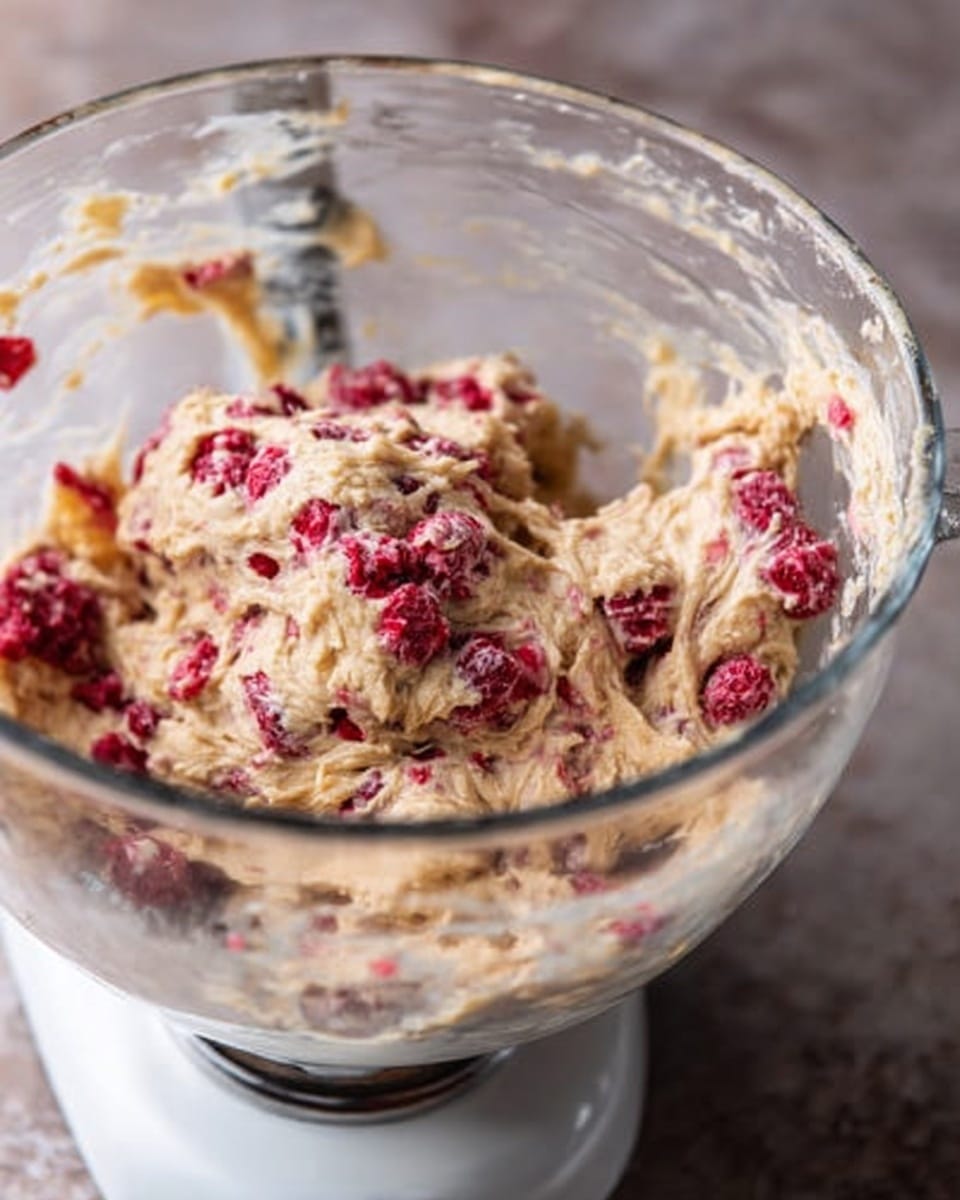 A clear glass mixing bowl on a white marbled surface contains thick, light brown dough mixed with many bright red raspberries. The dough looks creamy and uneven, with red raspberry pieces spread throughout. The bowl sits on a white stand mixer base, and the metal mixing paddle above the bowl is partially visible with some dough stuck to it. The scene is focused closely on the bowl from the side angle. Photo taken with an iphone --ar 4:5 --v 7
