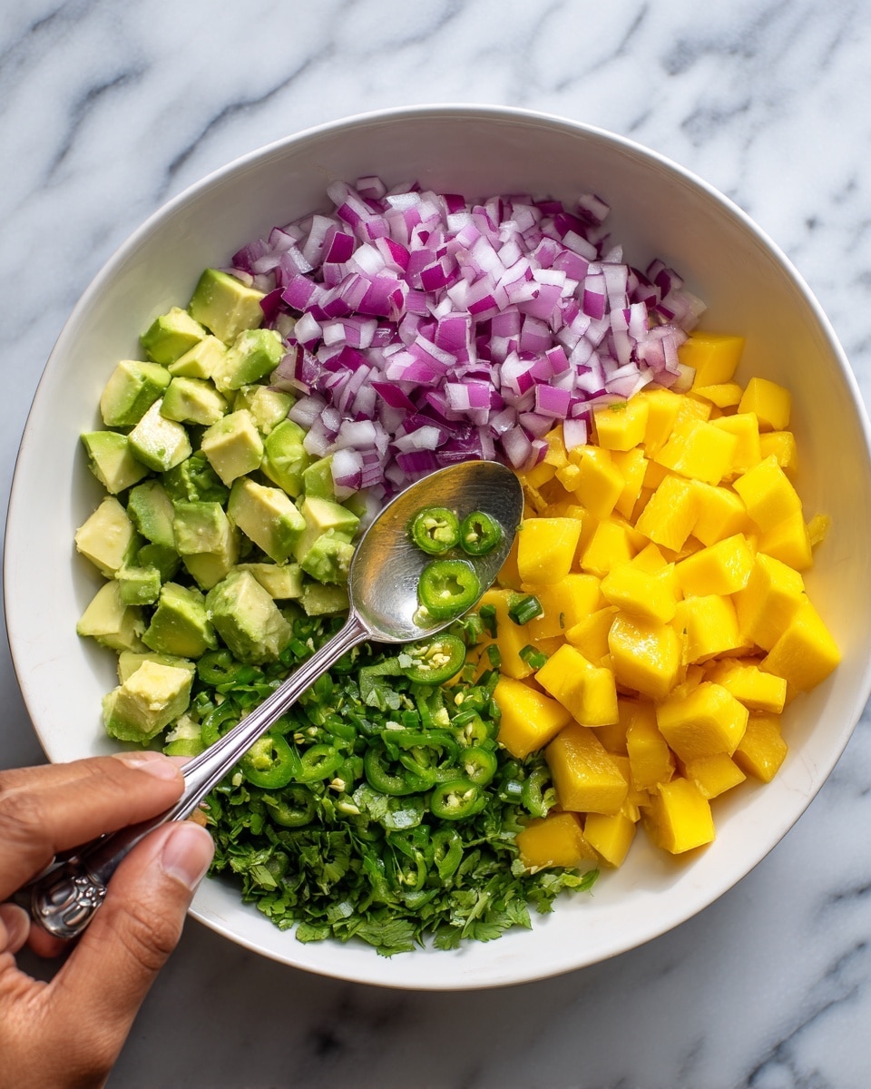 A white bowl sits on a white marbled surface, filled with four main layers arranged side by side. Starting on the left, there are small pale green avocado cubes, next to finely chopped red onions with a light purple color. To the right of the onions is a vivid green mix of chopped cilantro and jalapeño, and on the far right are bright yellow cubed mango pieces. A silver spoon rests on the mango, and a woman's hand is squeezing lime juice over the avocado on the left side of the bowl. Photo taken with an iphone --ar 4:5 --v 7