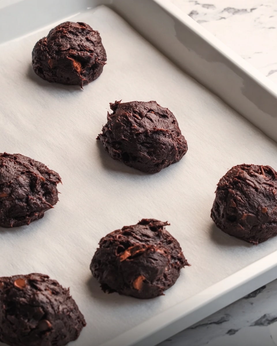 There are six dark brown chocolate cookie dough scoops placed on white baking paper on a white tray. The dough looks thick and rough with some lighter brown spots showing chocolate chunks inside. Each scoop has a round, uneven shape and a cracked texture on top. The tray rests on a white marbled surface. photo taken with an iphone --ar 4:5 --v 7