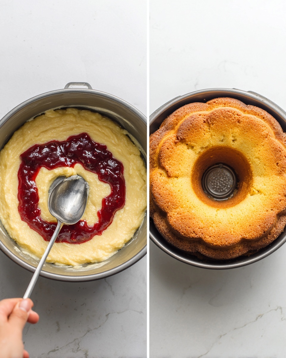 The image shows two photos side-by-side. On the left, a round metal bundt pan filled with pale yellow batter has a thick layer of red jam spread in a line across the middle of the batter, with a woman's hand holding a silver spoon above it. On the right, the same pan holds a golden brown baked cake with a slightly darker ring near the center, sitting on a white marbled surface. Photo taken with an iphone --ar 4:5 --v 7