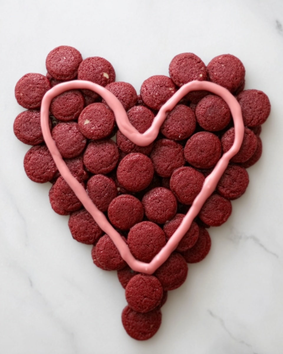 The image shows a heart shape made from small, round, deep red cookies arranged closely together on a white marbled surface. Over the top edge of the cookies, there is a smooth, pale pink icing outline in the shape of a heart following the cookie arrangement. The inside of the heart is filled completely with the red cookies, creating a dense, textured look. photo taken with an iphone --ar 4:5 --v 7