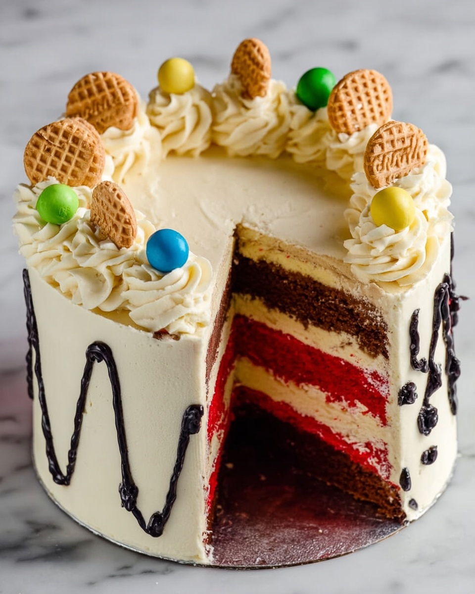 The image shows a tall, round cake with three layers inside, each separated by white cream frosting. The top layer is light beige, the middle layer is bright red, and the bottom layer is dark brown. The outside of the cake is covered in smooth white frosting decorated with black icing string designs and colorful round candies in green, blue, and yellow. On top, there are swirls of white cream evenly spaced around the edge, each topped with a small round waffle cookie. The cake sits on a white marbled surface. Photo taken with an iphone --ar 4:5 --v 7