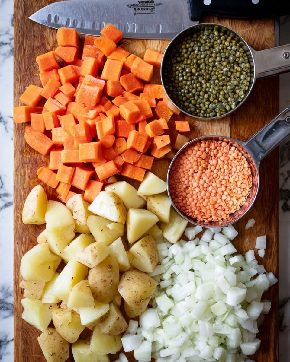 The image shows a wooden board filled with several chopped ingredients arranged by type. At the top left are bright orange carrot cubes, below them pale yellow potato chunks with skin, and to the right of the potatoes is a large pile of white onion pieces. Above the onions are two metal measuring cups, one filled with green split peas and the other with red lentils. A large knife with a black handle rests at the top of the board. The background has a white marbled texture. photo taken with an iphone --ar 4:5 --v 7