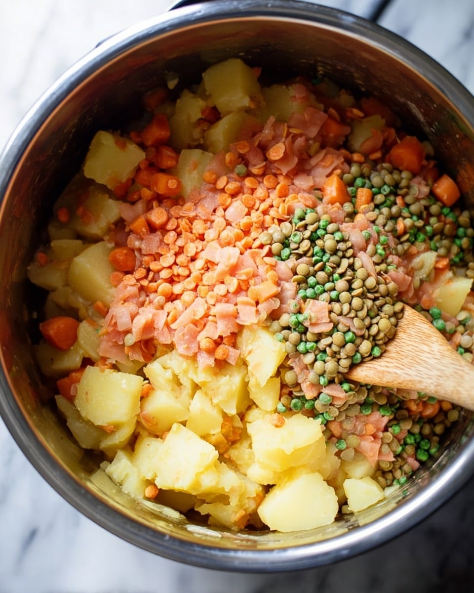 Inside a metal pot, there is a mix of ingredients layered in a loose arrangement. The bottom layer shows yellow potato pieces and diced onion chunks with a soft texture. Sitting on top and spread across the right side are bright orange carrot pieces mixed with green split peas and pink lentils, all dry and round. A wooden spoon is resting on the edge inside the pot, touching the mixture. The background is a white marbled surface. Photo taken with an iphone --ar 4:5 --v 7