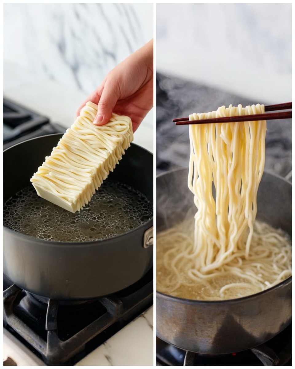 The image shows two side-by-side photos of cooking udon noodles on a white marbled kitchen countertop with a gas stove. On the left side, a woman's hand is holding a block of thick, pale yellow udon noodles above a black pot filled with boiling water. The noodles have a smooth texture and are tightly packed in a rectangular shape. On the right side, the cooked udon noodles, soft and slightly separated, are being lifted out of the boiling water with dark brown chopsticks held by a woman’s hand. The steam rising from the pot shows the noodles are hot and freshly cooked. photo taken with an iphone --ar 4:5 --v 7